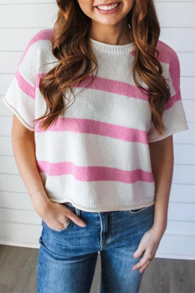 Pink Stripe Dropped Short Sleeve Lightweight Knitted Top Closes 5/20