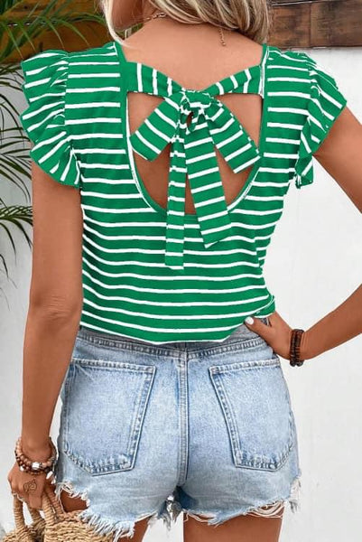 Green Stripe Butterfly Sleeve V Neck Hollowed Knot Back T Shirt Closes 5/20