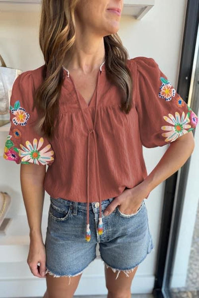 Mineral Red Floral Embroidered Puff Sleeve Split Neck Blouse Closes 5/20