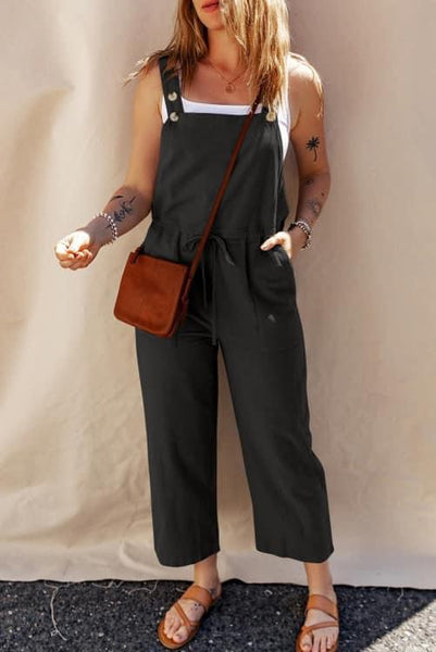 Black Drawstring Buttoned Straps Cropped Overall Closes 5/20