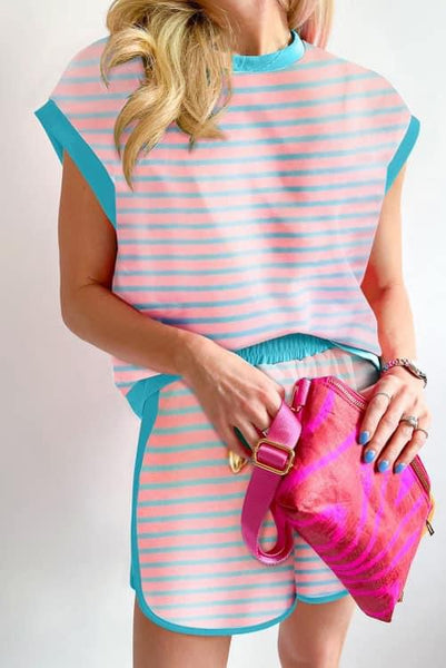 Pink Stripe Color Block Loose Fit Two Piece Shorts Set Closes 5/21