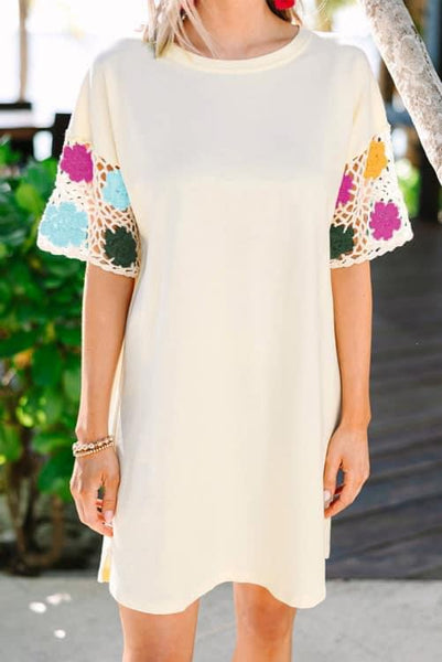 White Floral Crochet Splicing Sleeve T Shirt Dress Closes 5/21